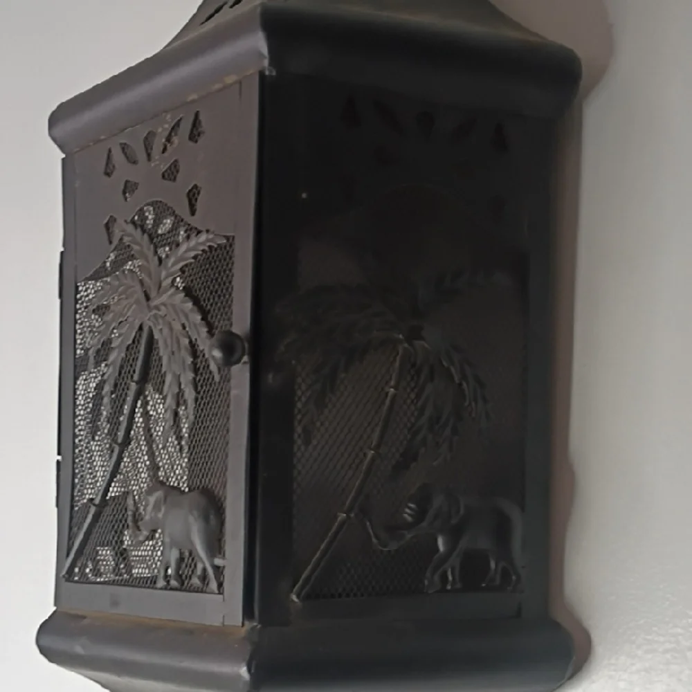 Wall Candle Holder Decorative Metal Lantern with Palm & Elephant Motif Black